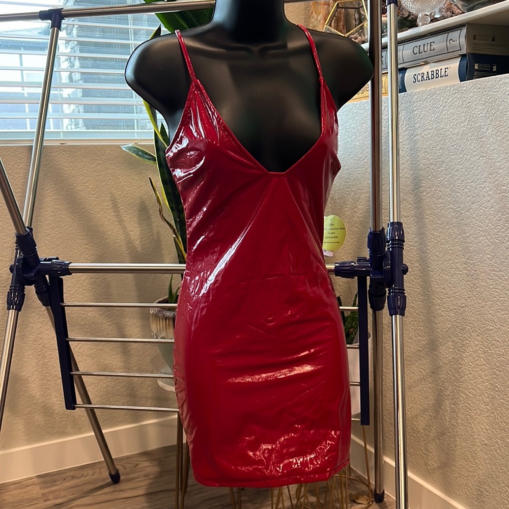 New red pleather wet look club dress. Size Medium